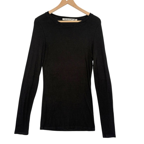 Michael Stars Black Ribbed Long Sleeve Crew Neck Top OS Minimalist Staple - Picture 2 of 5
